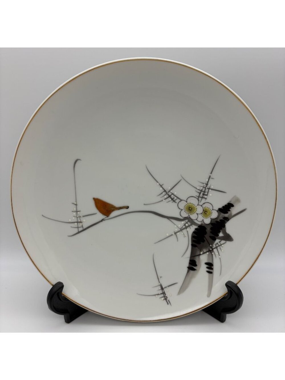 Vintage Japanese Porcelain Plate Gold Bird Blossoms Floral Made in Japan 10 Inch